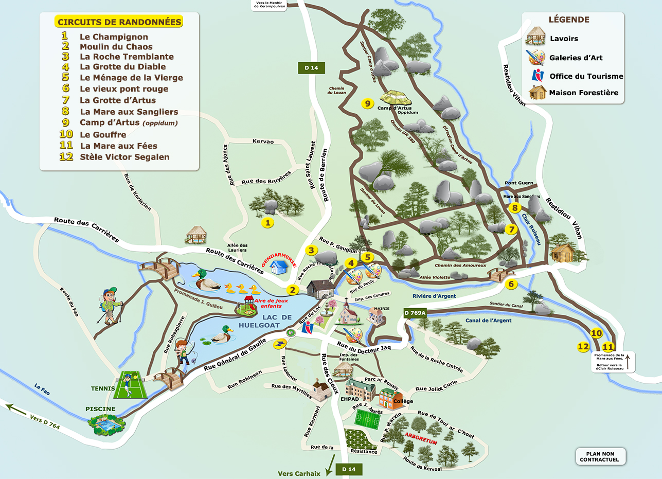Carte des circuits de randonnées de la forêt de Huelgoat